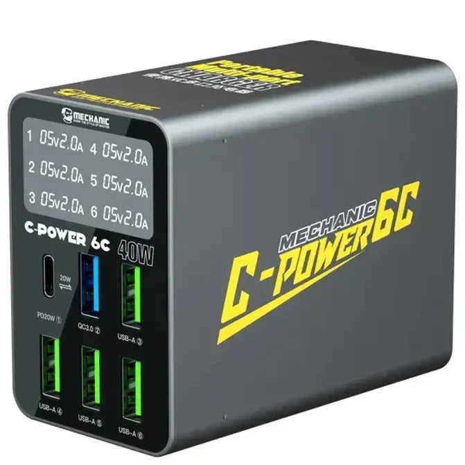 Smart Multi-Port 40 Watt Charger - 6 Port | PD 3.0 | QC 3.0 - (C-Power 6C) | MECHANIC