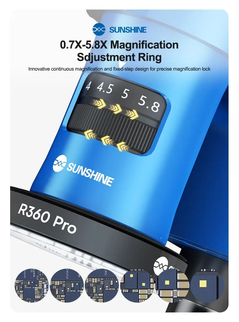 SUNSHINE R360 Pro Microscope stéréo Réglable 0.7 A 5.8X Zoom 4K HD double écran